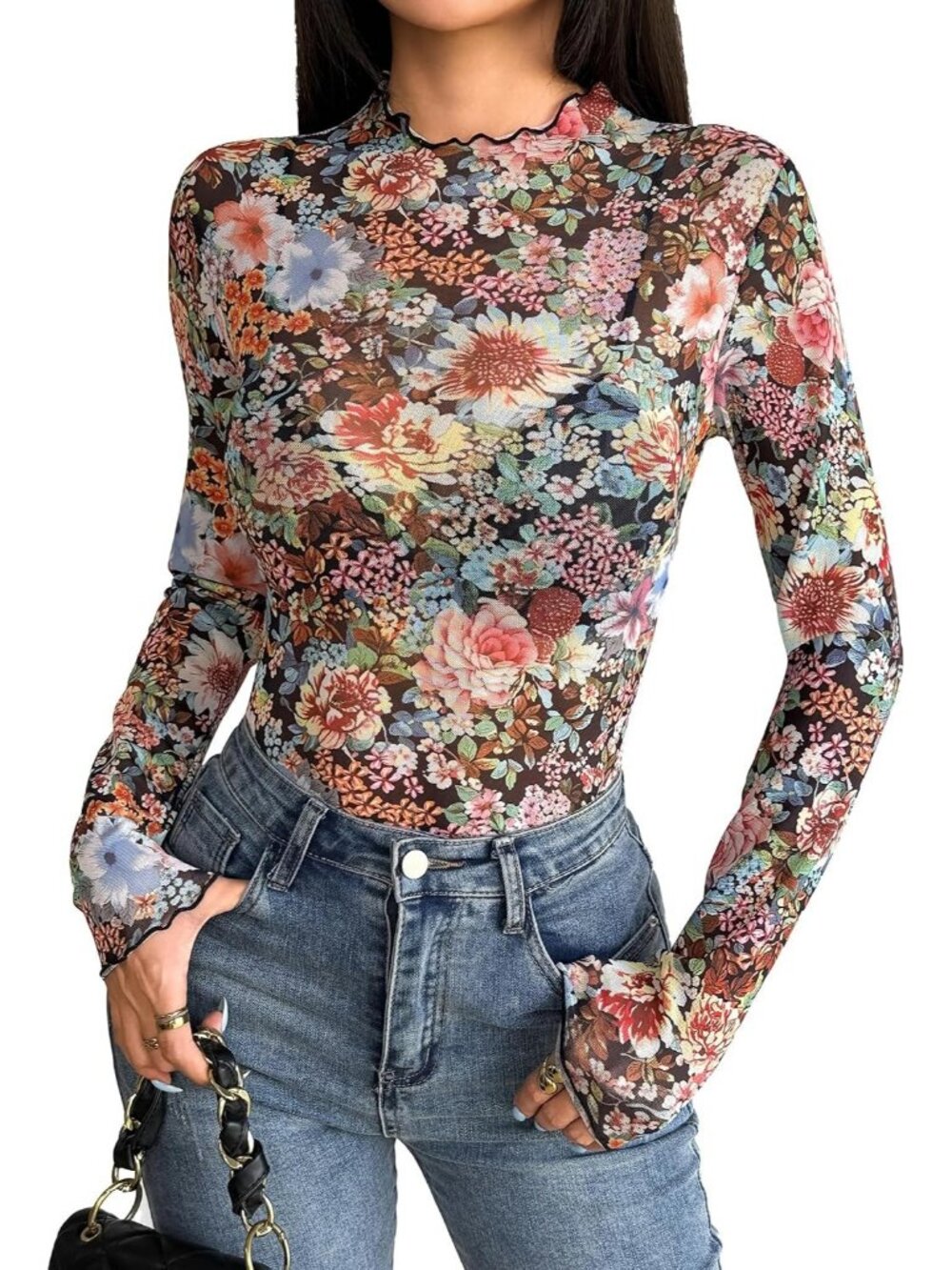 Women Sheer Mesh Long Sleeve Mock Neck Top Sexy Clubwear Blouse S-XXL-Wf66